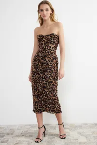 Trendyol Multicolored Fitted Leopard Patterned Draped Knitted Tulle Elegant Evening Dress
