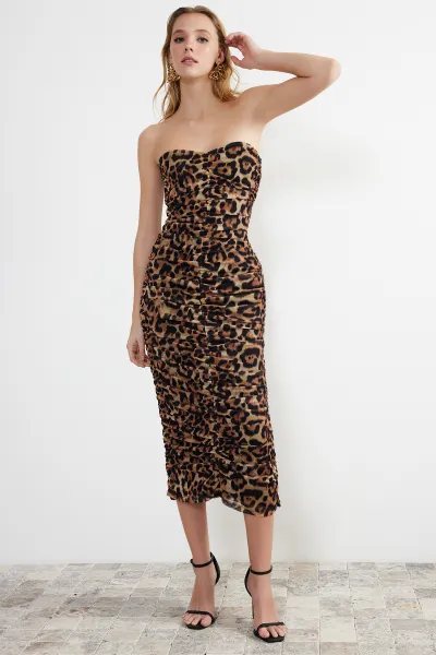 Trendyol Multicolored Fitted Leopard Patterned Draped Knitted Tulle Elegant Evening Dress