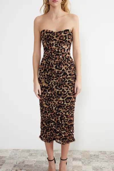 Trendyol Multicolored Fitted Leopard Patterned Draped Knitted Tulle Elegant Evening Dress