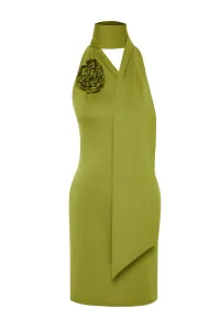 Trendyol Olejovo Zelené Priliehavé Pletené Šaty s Detailom Ruže Elegantné Večerné Šaty