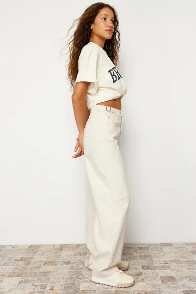 Trendyol Ecru Loose Cut High Waist Carpenter Skater Jeans