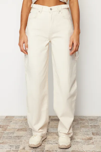Trendyol Ecru Loose Cut High Waist Carpenter Skater Jeans