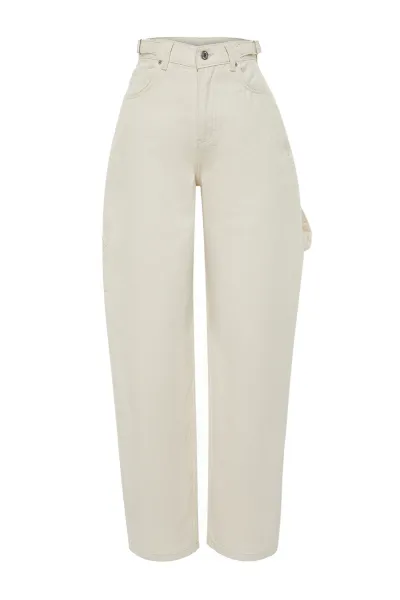 Trendyol Ecru Loose Cut High Waist Carpenter Skater Jeans
