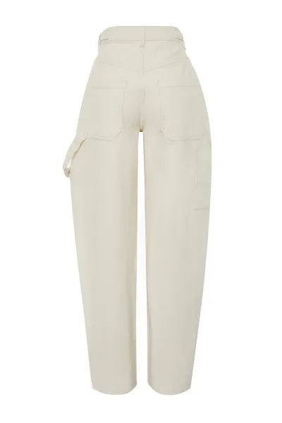Trendyol Ecru Loose Cut High Waist Carpenter Skater Jeans