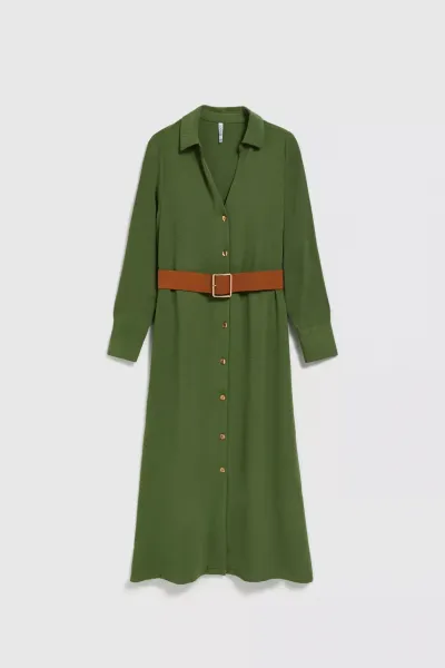 Marisse Khaki Midi Dress With Wide Belt