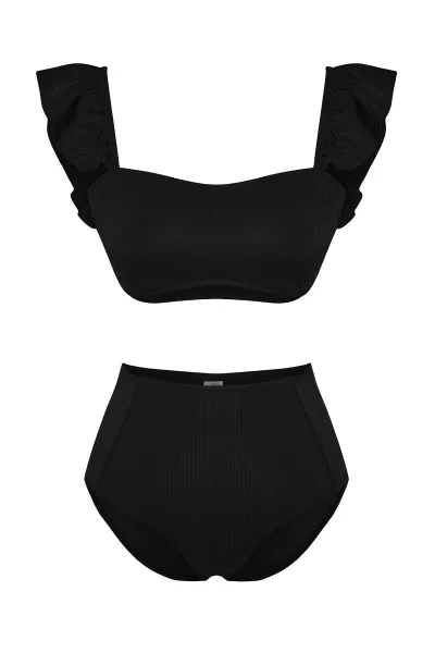 Trendyol Čierna Podprsenka S Volánikmi Textúrovaný Vysoký Pás Hipster Bikiny Set