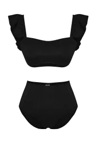 Trendyol Čierna Podprsenka S Volánikmi Textúrovaný Vysoký Pás Hipster Bikiny Set