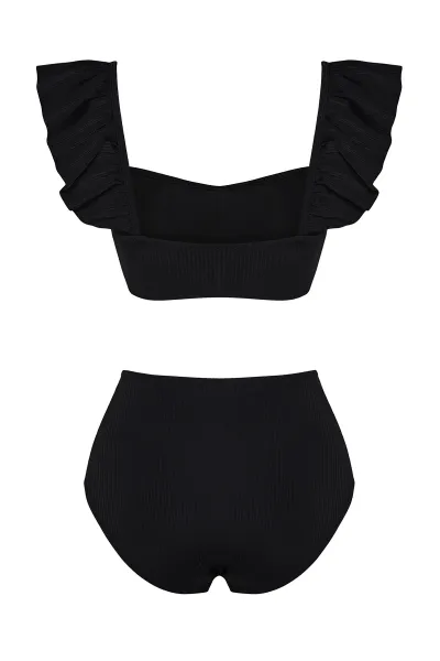 Trendyol Čierna Podprsenka S Volánikmi Textúrovaný Vysoký Pás Hipster Bikiny Set