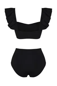 Trendyol Čierna Podprsenka S Volánikmi Textúrovaný Vysoký Pás Hipster Bikiny Set