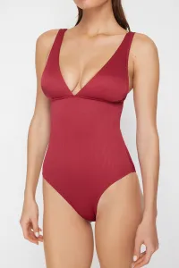 Trendyol Claret Red V-Neck Textured Regular Swimsuit