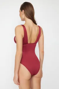Trendyol Claret Red V-Neck Textured Regular Swimsuit