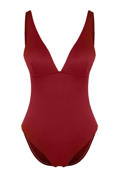 Trendyol Claret Red V-Neck Textured Regular Swimsuit
