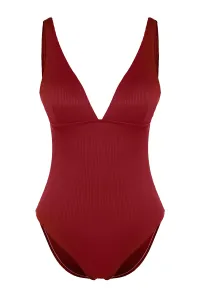 Trendyol Claret Red V-Neck Textured Regular Swimsuit