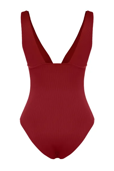 Trendyol Claret Red V-Neck Textured Regular Swimsuit