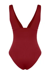 Trendyol Claret Red V-Neck Textured Regular Swimsuit