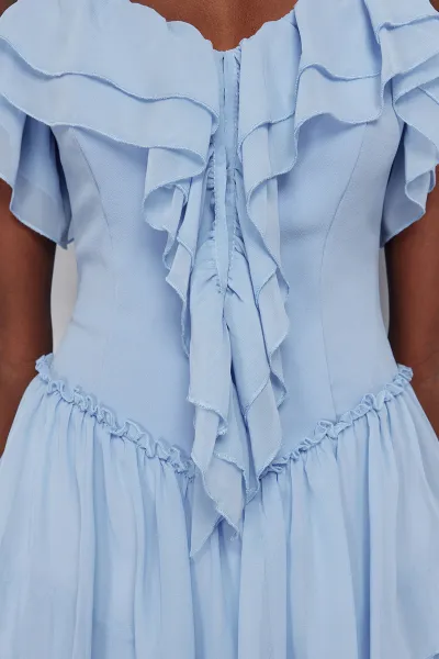 Trendyol Light Blue A-Line Ruffled Woven Chiffon Short Dress