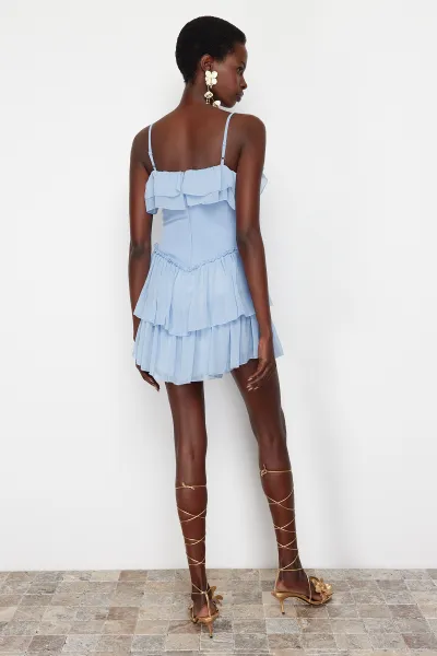 Trendyol Light Blue A-Line Ruffled Woven Chiffon Short Dress