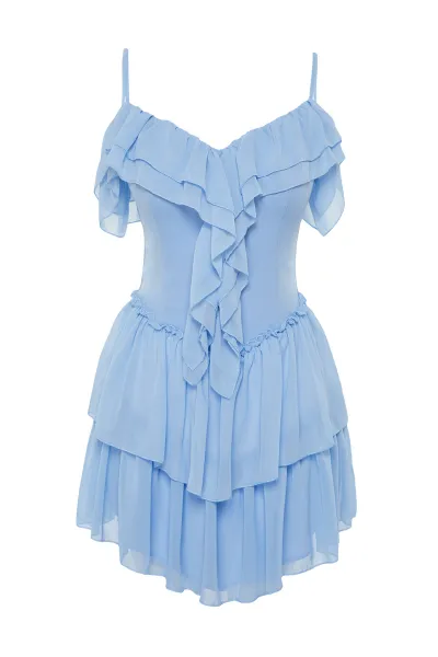 Trendyol Light Blue A-Line Ruffled Woven Chiffon Short Dress