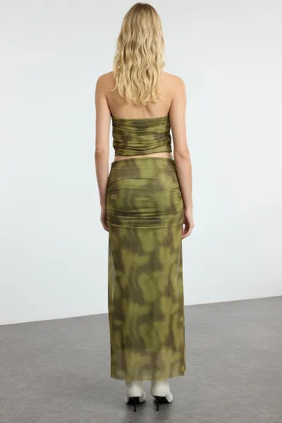 Trendyol Green Draped Maxi Tulle Stretchy Knitted Skirt