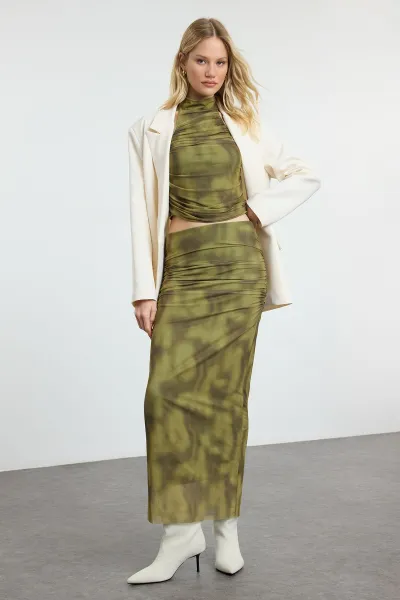 Trendyol Green Draped Maxi Tulle Stretchy Knitted Skirt