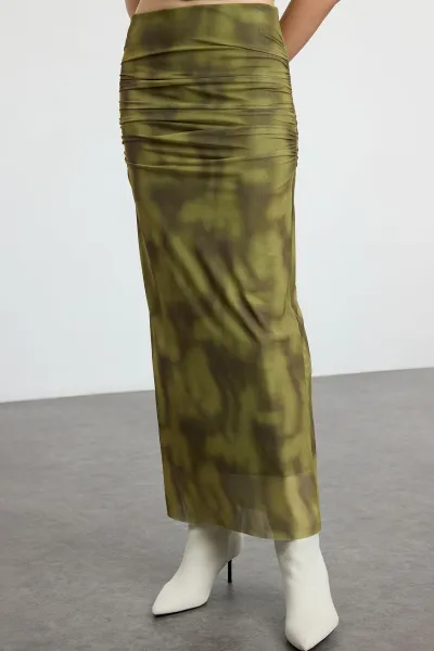 Trendyol Green Draped Maxi Tulle Stretchy Knitted Skirt
