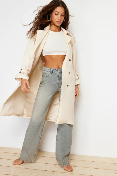 Trendyol Stone Oversize Wide Cut Belted Trench Coat