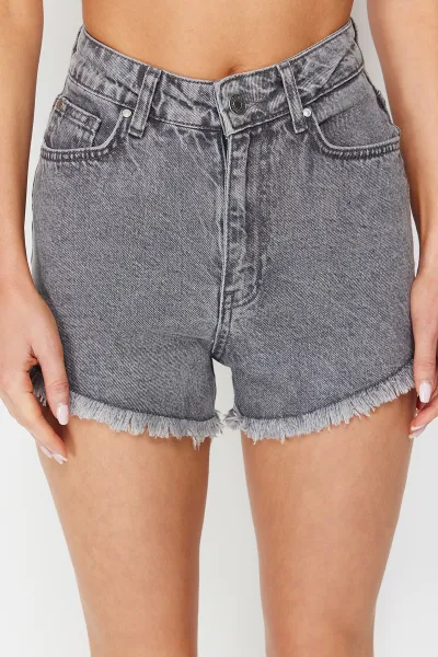 Trendyol Sivé Mini Tkané Denim 100% Bavlnené Šortky & Bermudy