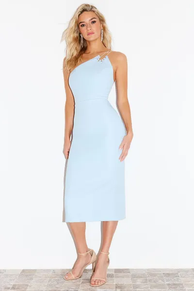 Trendyol Light Blue Fitted Woven Shiny Stone Woven Elegant Evening Dress