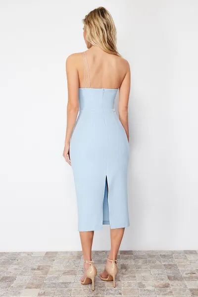 Trendyol Light Blue Fitted Woven Shiny Stone Woven Elegant Evening Dress