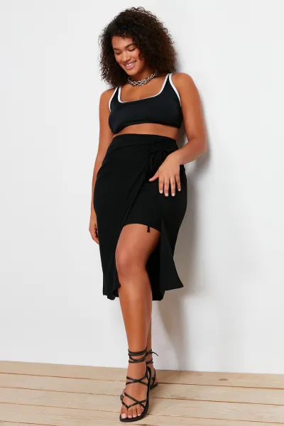 Trendyol Curve Black Slit Detailed Viscose Beachwear Woven Pareo