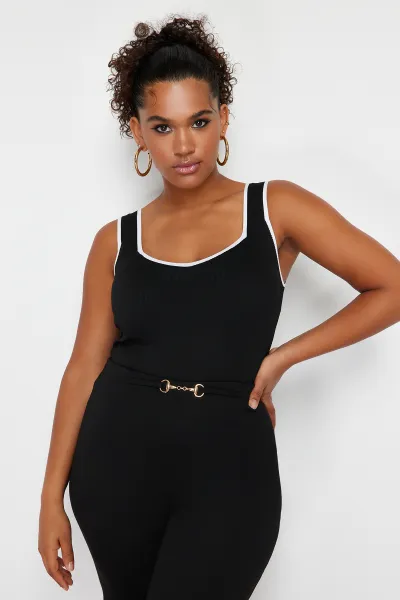 Trendyol Curve Black Stripe Detailed Square Neck Bodycon Knit Blouse