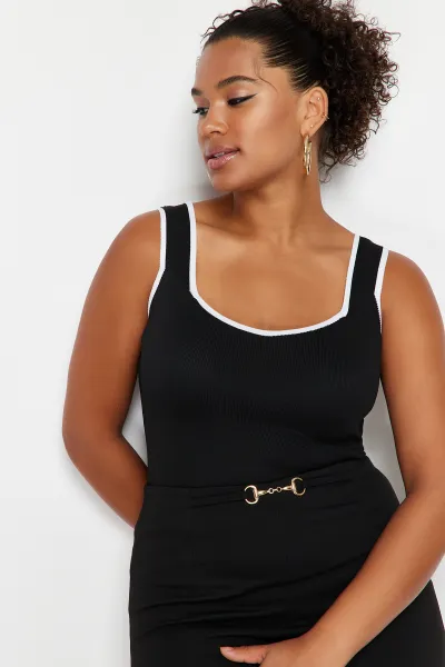 Trendyol Curve Black Stripe Detailed Square Neck Bodycon Knit Blouse