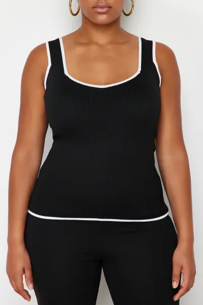 Trendyol Curve Black Stripe Detailed Square Neck Bodycon Knit Blouse