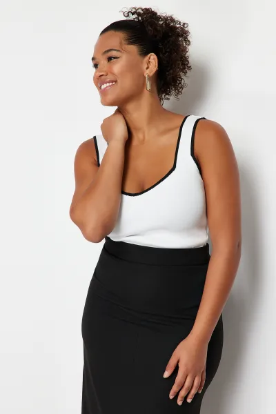 Trendyol Curve Ecru Stripe Detailed Square Neck Bodycon Knit Blouse