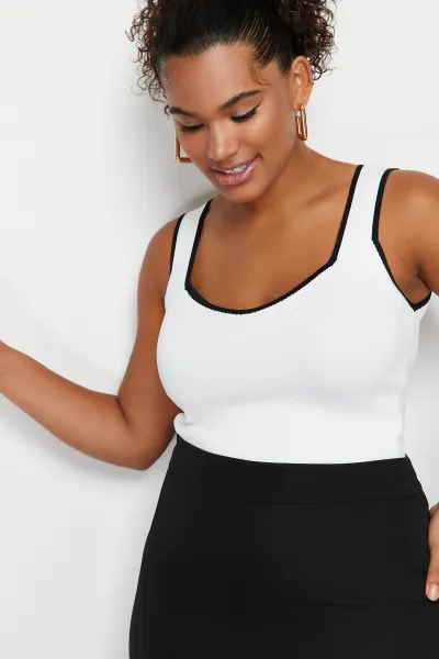 Trendyol Curve Ecru Stripe Detailed Square Neck Bodycon Knit Blouse
