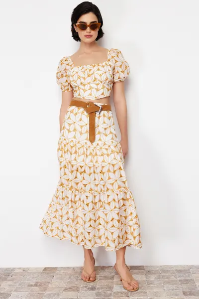 Trendyol Beige Brode and Embroidery Detailed Flared Maxi Length Woven Skirt