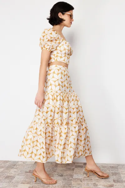 Trendyol Beige Brode and Embroidery Detailed Flared Maxi Length Woven Skirt