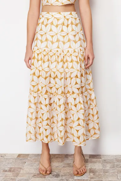 Trendyol Beige Brode and Embroidery Detailed Flared Maxi Length Woven Skirt