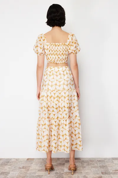 Trendyol Beige Brode and Embroidery Detailed Flared Maxi Length Woven Skirt