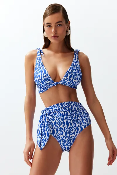 Trendyol Ethnic Patterned Belted Tied High Waist Hipster Bikini Bottom