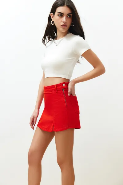 Trendyol Red Slit Denim Shorts Skirt