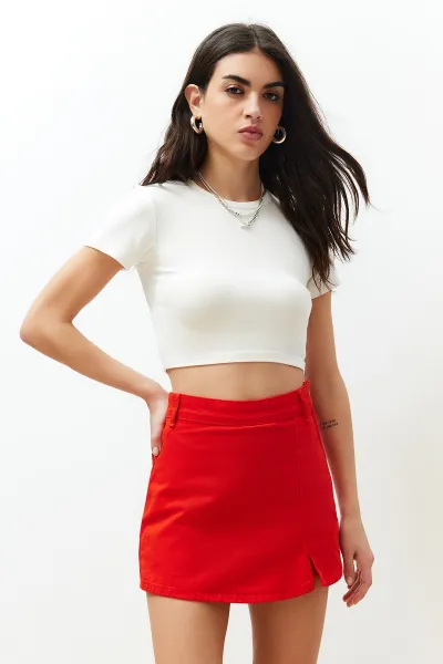Trendyol Red Slit Denim Shorts Skirt