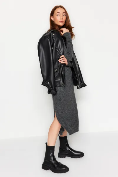 Trendyol Anthracite Midi Knit Wide Pattern Soft Texture Dress