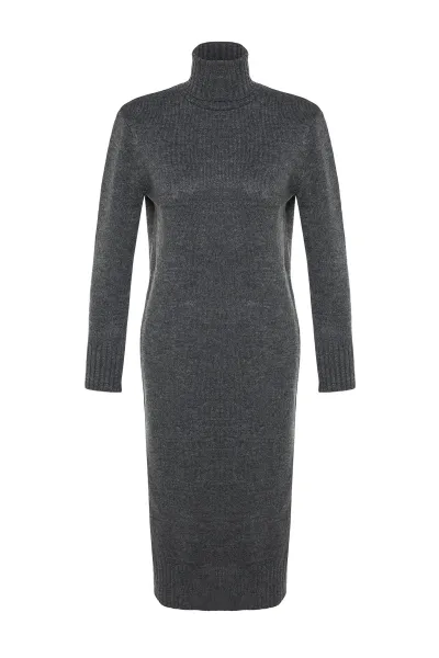Trendyol Anthracite Midi Knit Wide Pattern Soft Texture Dress