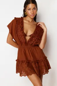 Trendyol Brown Mini Woven Embroidery Detailed 100% Cotton Beach Dress