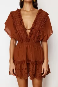 Trendyol Brown Mini Woven Embroidery Detailed 100% Cotton Beach Dress