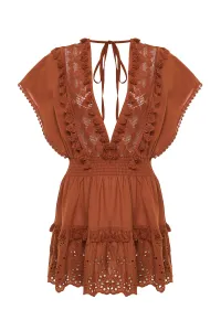 Trendyol Brown Mini Woven Embroidery Detailed 100% Cotton Beach Dress