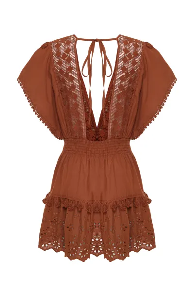 Trendyol Brown Mini Woven Embroidery Detailed 100% Cotton Beach Dress