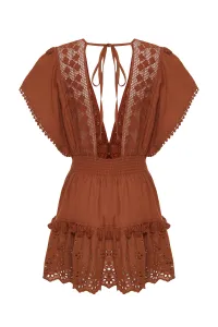 Trendyol Brown Mini Woven Embroidery Detailed 100% Cotton Beach Dress