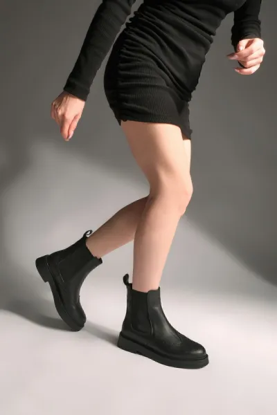 Marjin Women's Genuine Leather Elastic Side Band Daily Boots Yestin Black